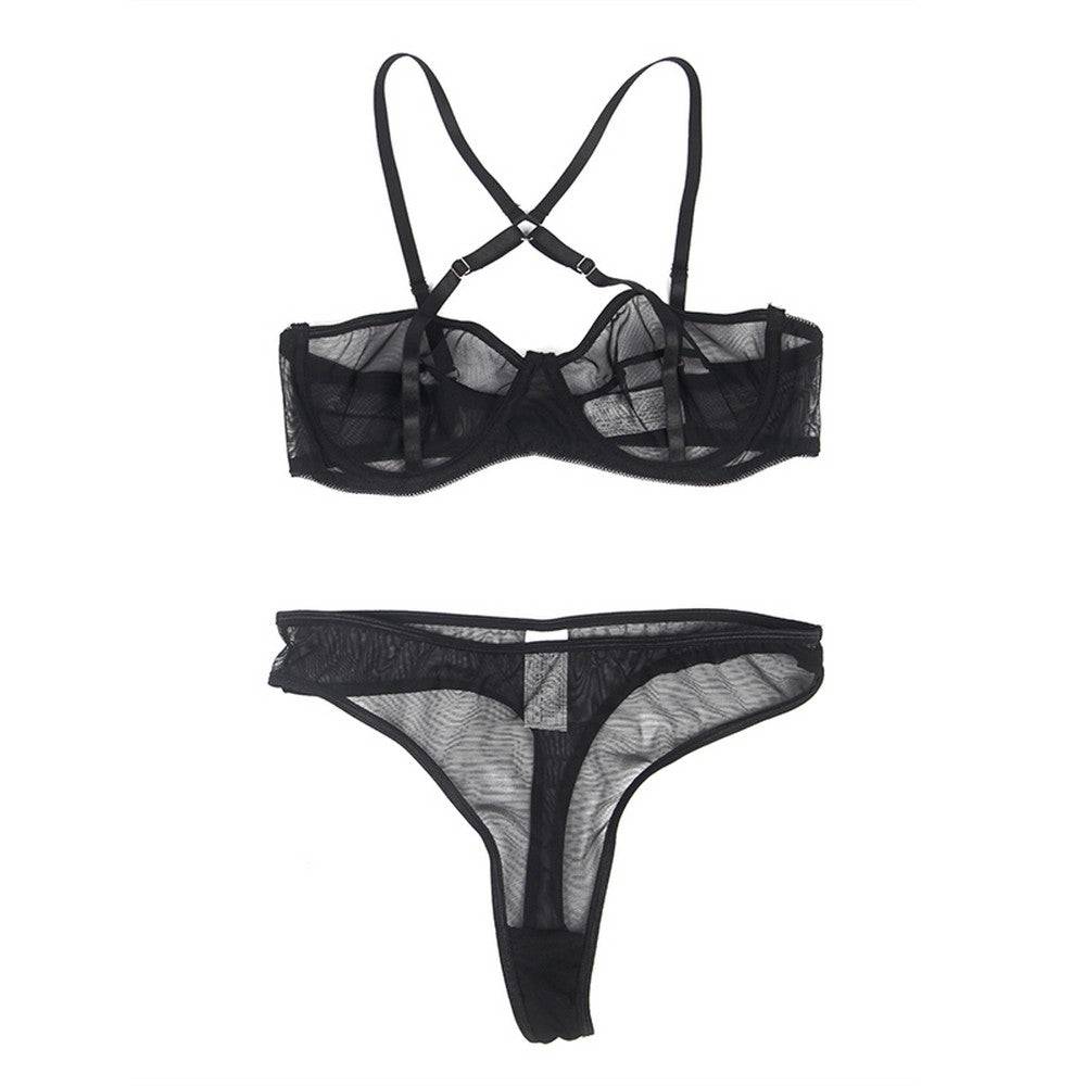Lau Fashion NEU Transparent Netz Mesh Dessous Set Harness Mit Bügel Strumpfband S/XL - R81183