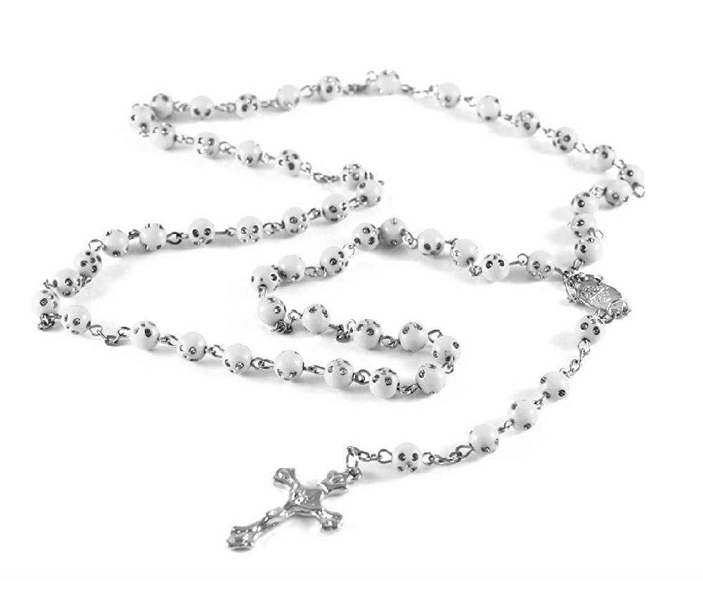 Lau Fashion Rosenkranz Kette Kreuz Jesus Anhänger Bettel Strass Zirkonia Unisex 55cm