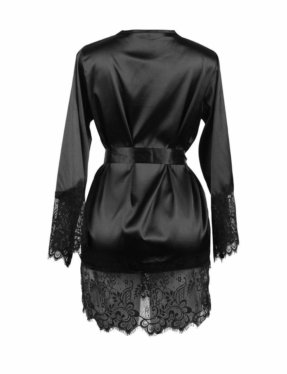 Lau Fashion Satin Damen Pyjama Set Spitze Nachthemd Nachtwäsche Schwarz + String S/M/L/XL