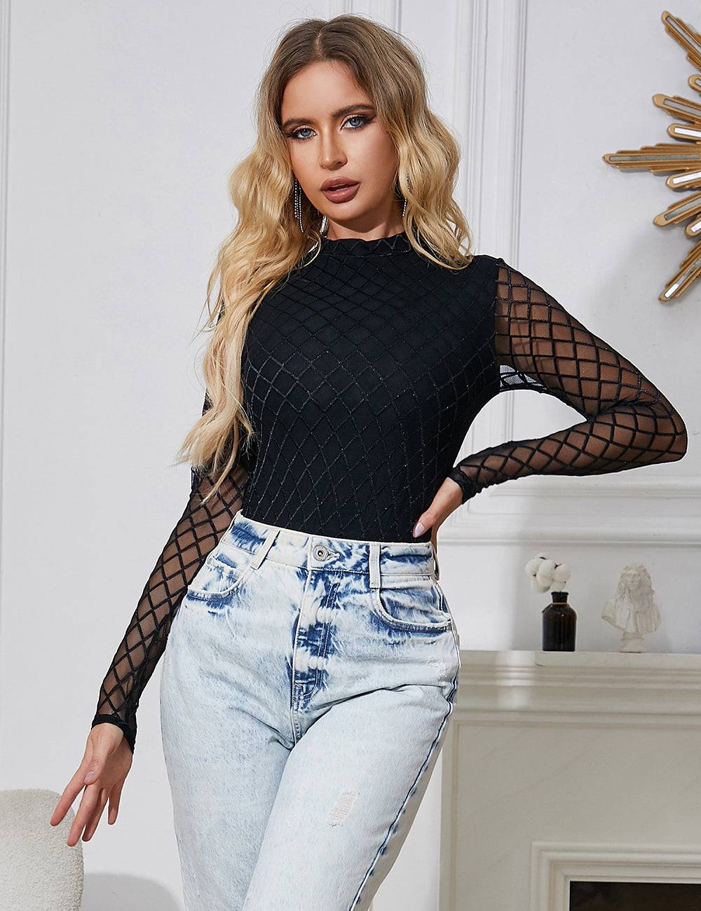 Lau Fashion Schwarzer Karo Mesh-Body Mit Hohem Halsausschnitt