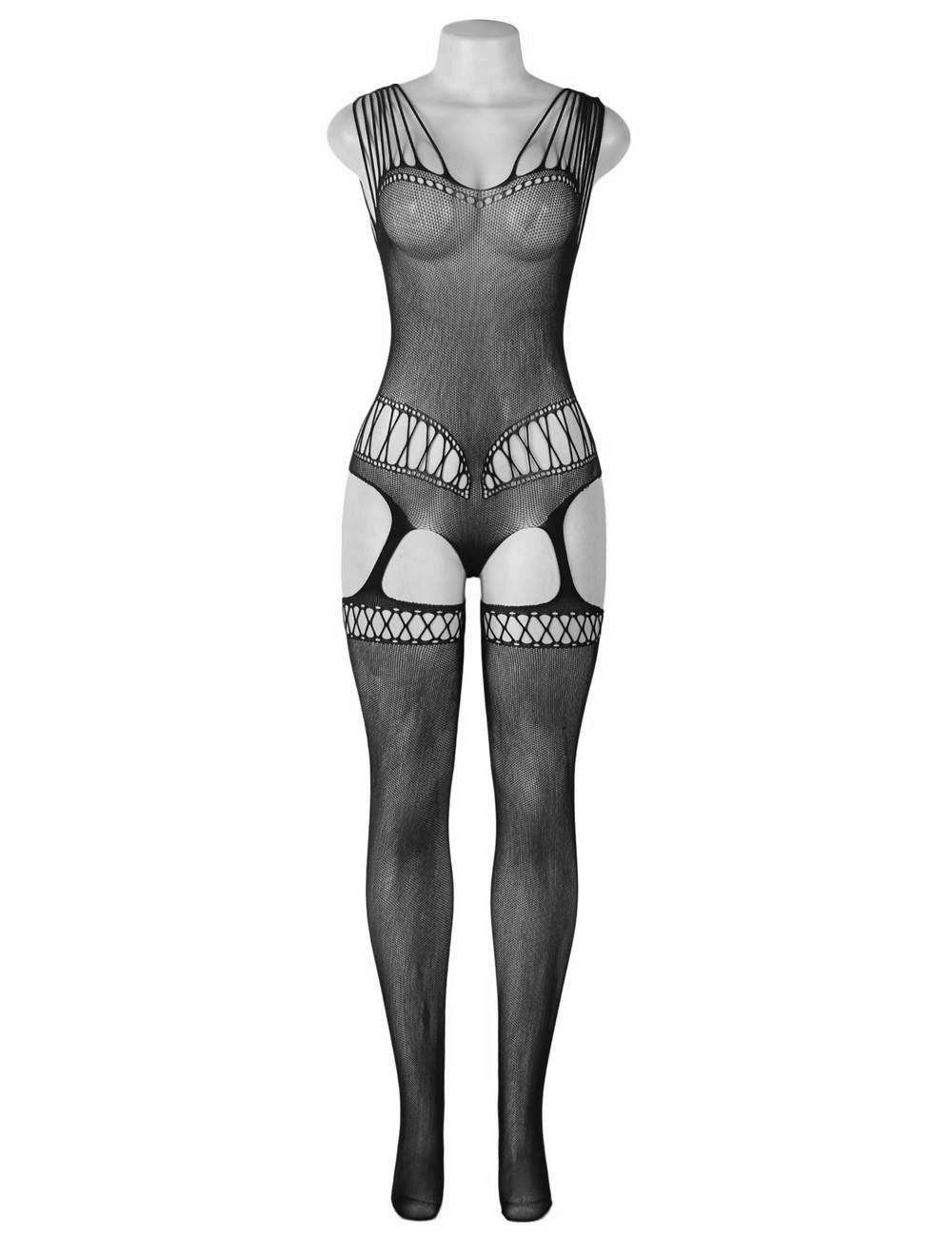 Lau Fashion Sexy Damen Catsuit Transparenz Stocking Fishnet Nylon Dessous S M L XL
