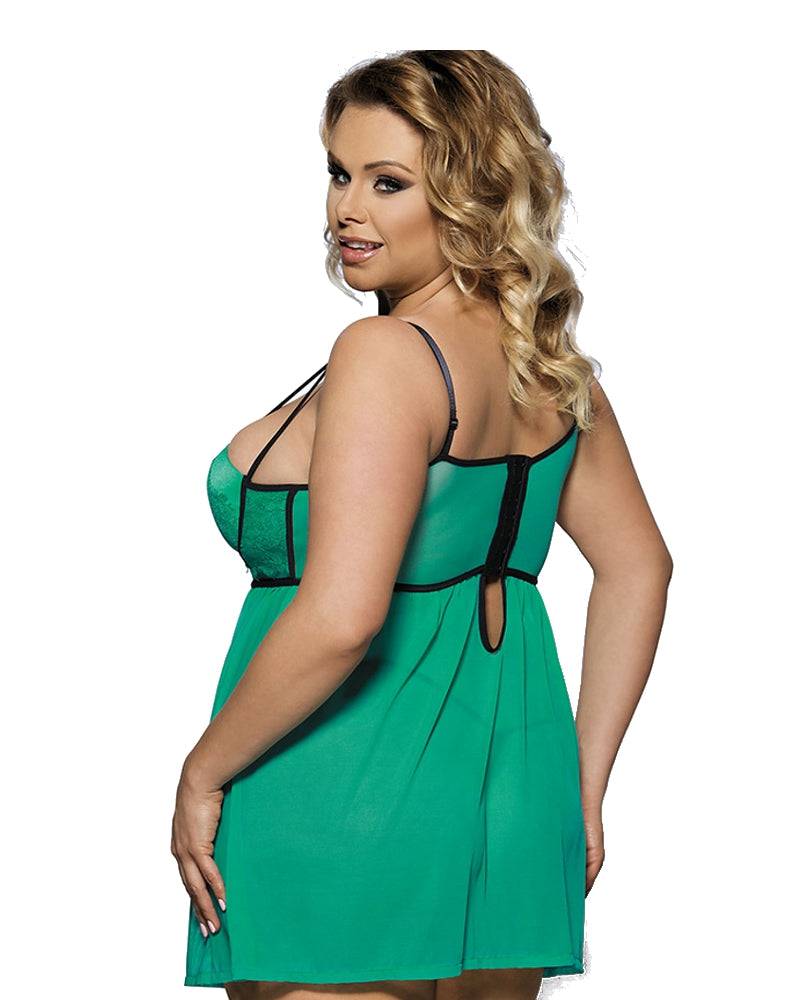 Lau Fashion Sexy Damen Mini Babydoll Spitze Kleid Dessous Grün Mit Geformten Cups L/XL