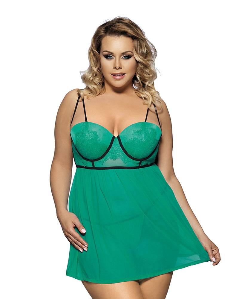 Lau Fashion Sexy Damen Mini Babydoll Spitze Kleid Dessous Grün mit geformten Cups L/XL