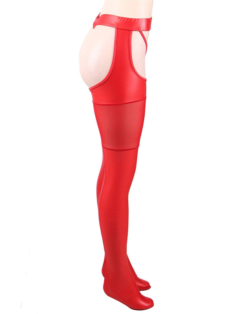 Lau Fashion SeXy Damen Overknees Lack Leder Netz Strapse Halterlose Strümpfe Rot Schwarz M/L - R80565-1