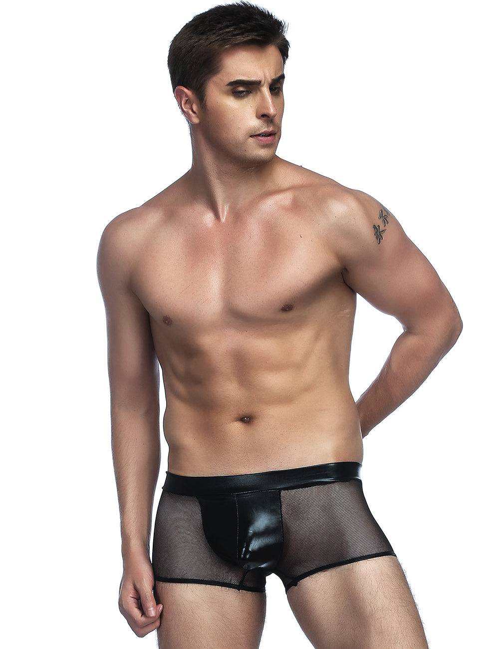 Lau Fashion Sexy Herren Netz Boxershorts Slip Lack Leder Wetlook Männer Unterwäsche M/L