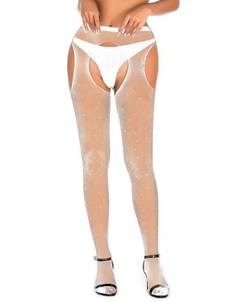 Lau Fashion Sexy Strapse Halter Strass Strümpfe Fishnet Strumpfhose Schritt Offen Gogo Schwarz S/M/L/XL - H3477