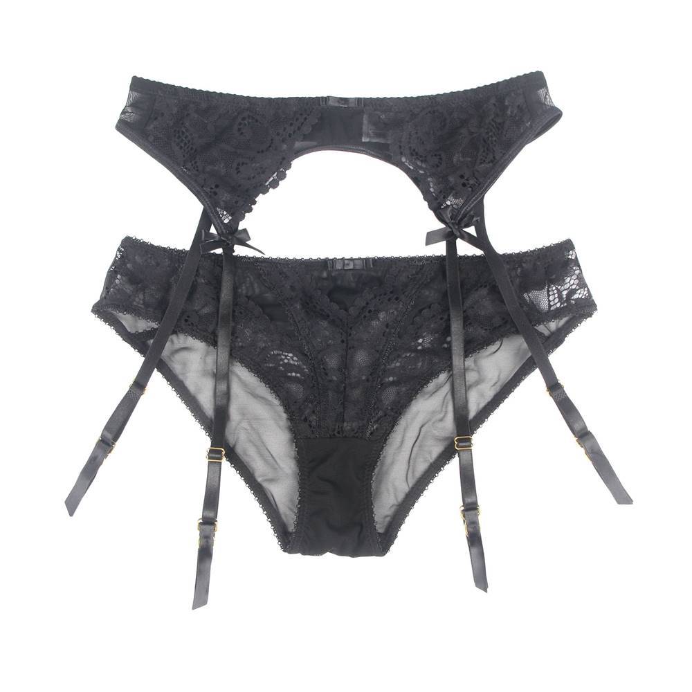 Lau Fashion Strumpfhalter Schwarz Strapsgürtel Unterwäsche Spitze Dessous Hüfthalter Strapse Slip S/XL