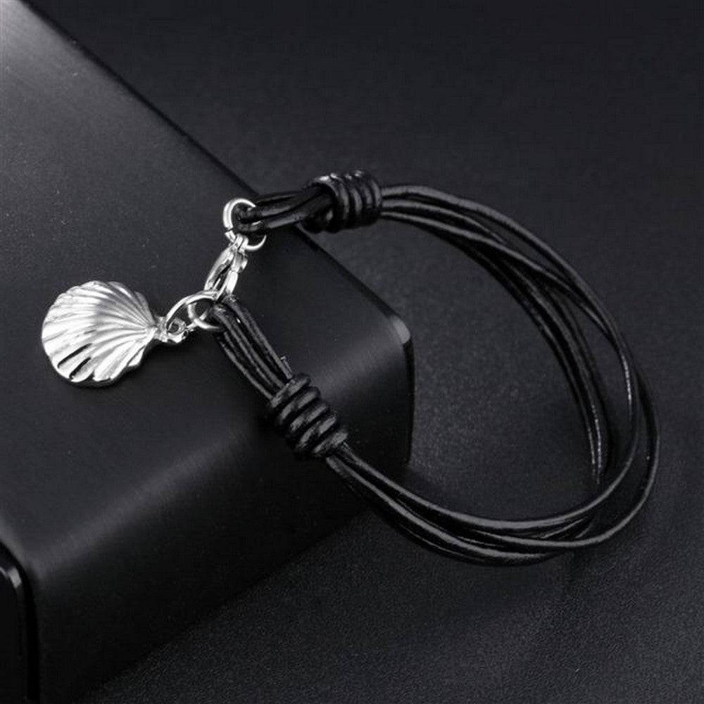 Lau Fashion Titan Echt Leder Armband Muschel Schwarz Surfer Syle Schmuck 18,5cm