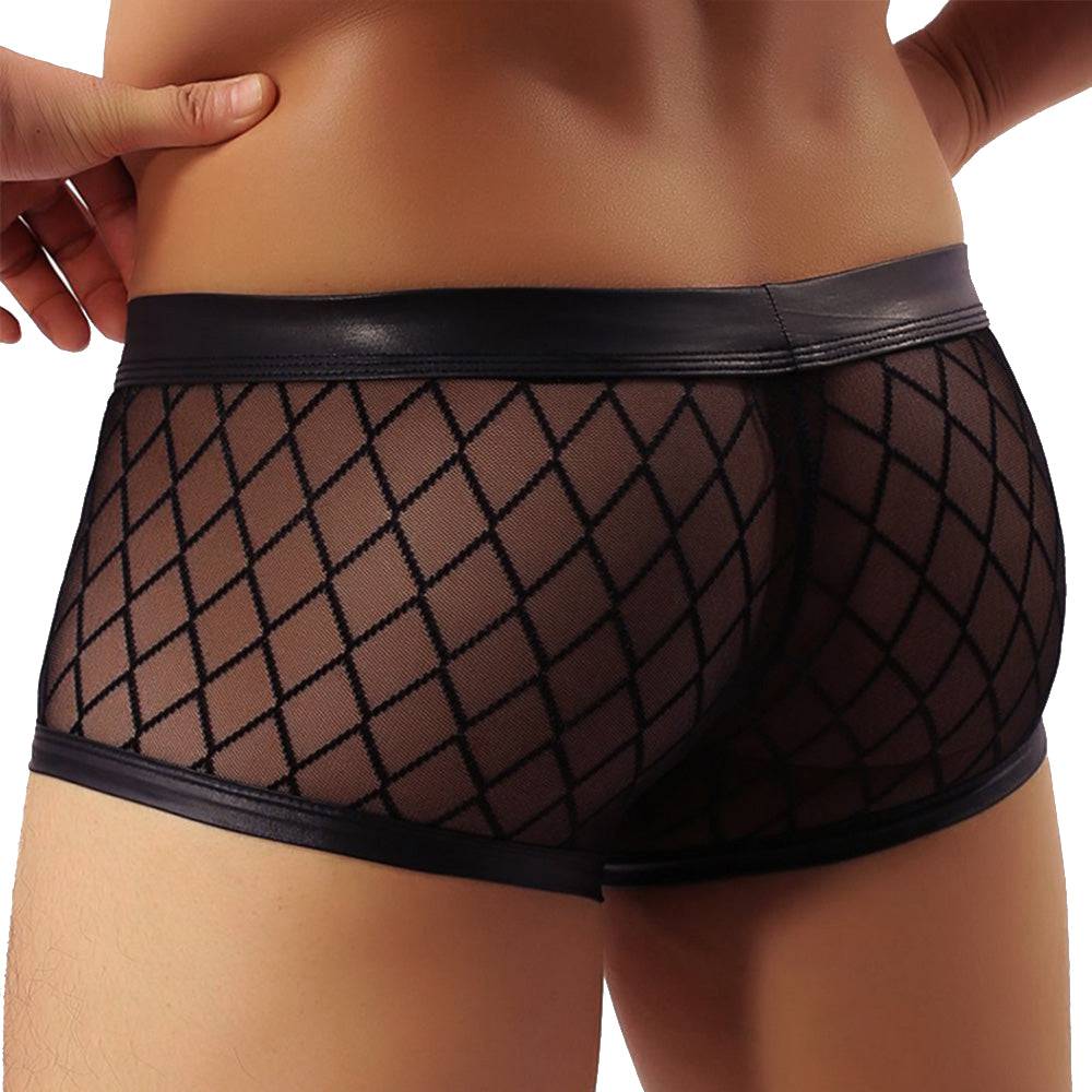 Lau Fashion Transparente Boxershorts Netz Slip Lack Leder Wetlook Männer Unterwäsche M/L