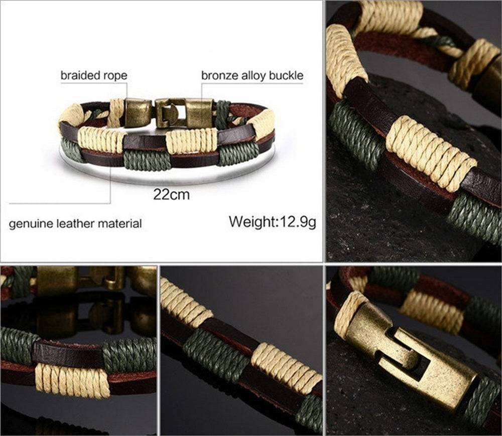 Lau Fashion Unisex Echt Leder Armband Braun Grün Surfer Syle Schmuck 22cm