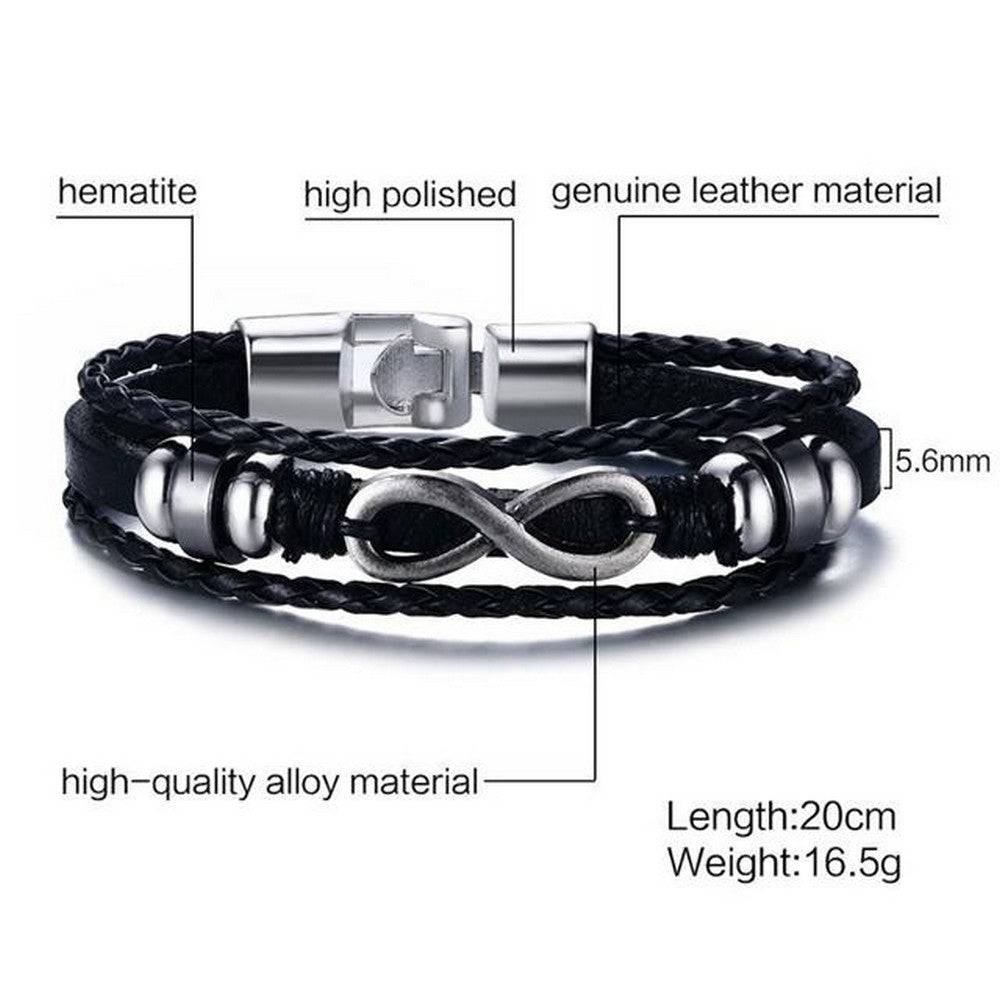 Lau Fashion Unisex Echt Leder Armband Infinity Schwarz Surfer Syle Schmuck 20cm