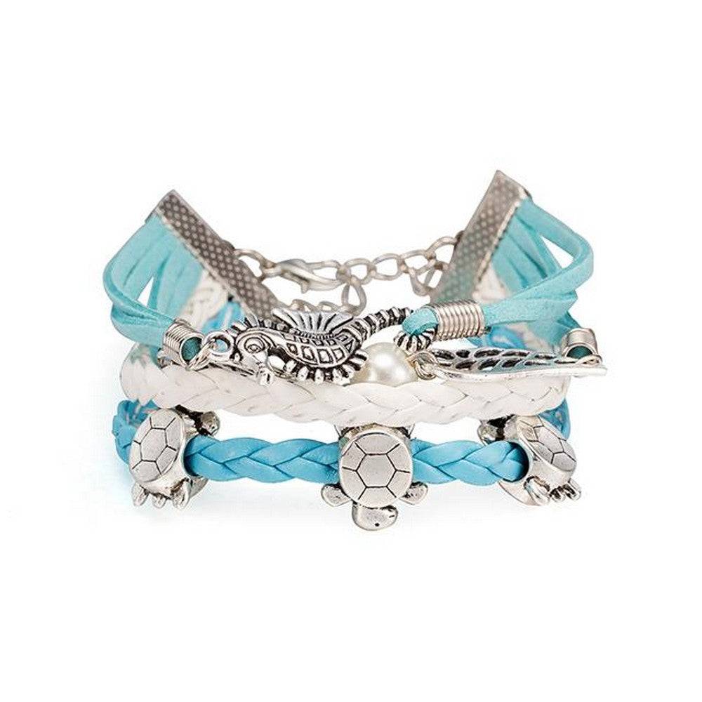 Lau Fashion Unisex Leder Armband Schildkröte Perlen Türkis Surfer Syle Schmuck 17cm