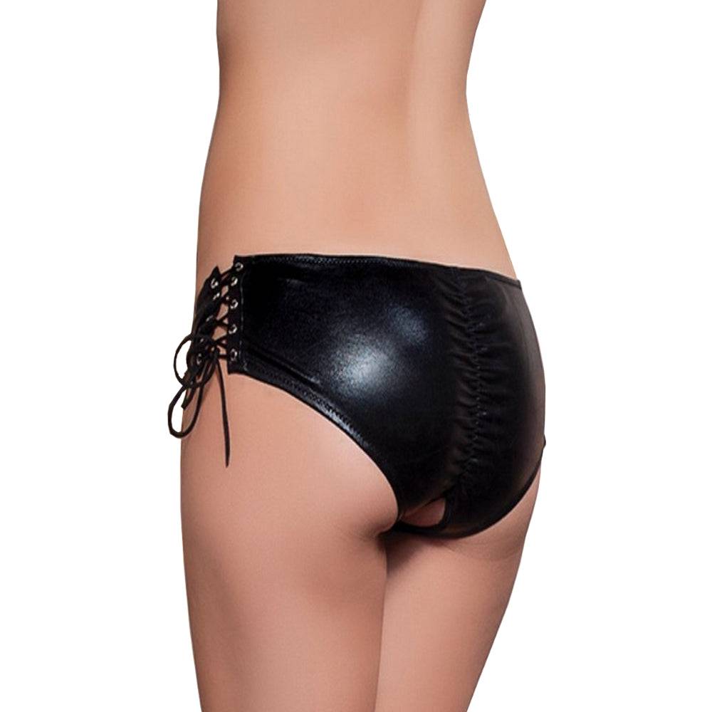 Lau Fashion Wetlook Schwarz Damen Lack Leder Panty Zum Binden Raffung Intim Offen S/XL