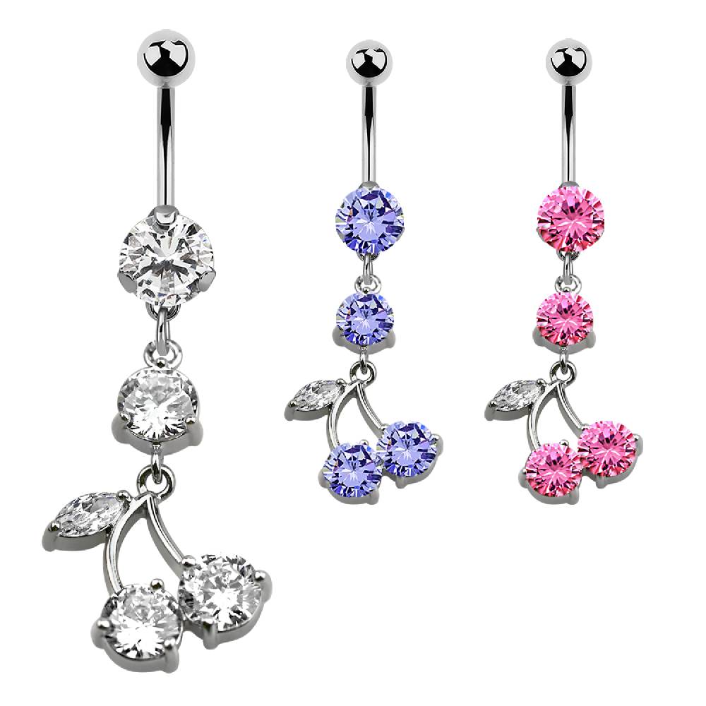 Lau Fashion Zirkonia Kirschen Bauchnabel Piercing Silber Kristalle 1,6x10mm Stein Ø 8mm