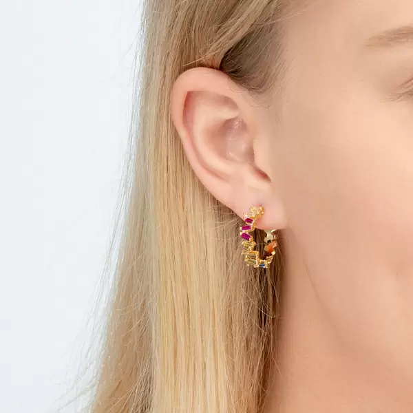 Leaf Jewelry Creole ICE CUBE, Multi Colour Zirkonia, 18 K Gelbgold Vergoldet