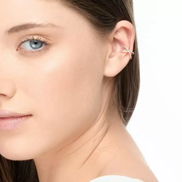 Leaf Jewelry Earcuff Cross CZ, 18 K Rosegold Vergoldet