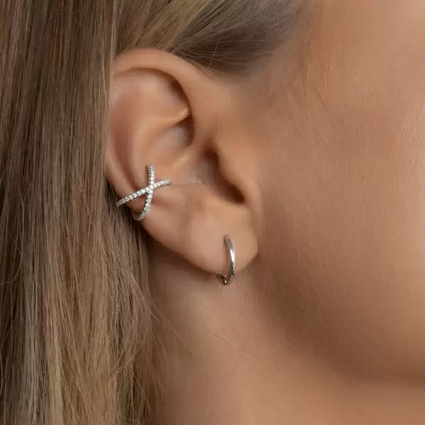 Leaf Jewelry Earcuff Cross CZ, 925 Sterlingsilber, Rhodiniert