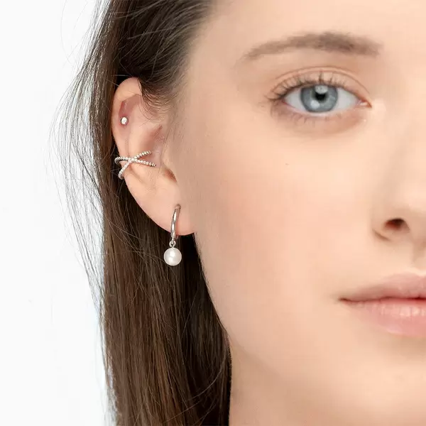 Leaf Jewelry Earcuff Cross CZ, 925 Sterlingsilber, Rhodiniert