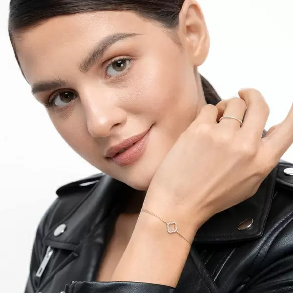 Leaf Jewelry Glückarmband Kleeblatt Mit Diamanten, 18 K Weißgold, Grau