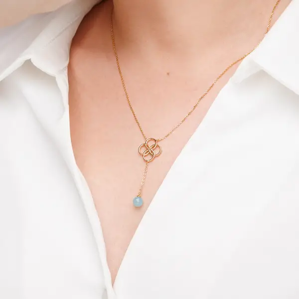 Leaf Jewelry Halskette Clover Charm, Aqua Chalzedon, 18 K Rosegold Vergoldet