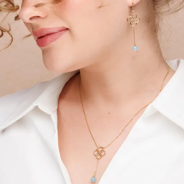 Leaf Jewelry Halskette Clover Charm, Aqua Chalzedon, 18 K Rosegold Vergoldet