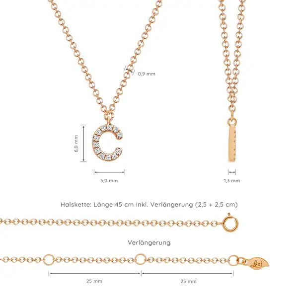 Leaf Jewelry Halskette Letter "C", 14 K Rosegold Mit Diamanten