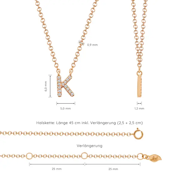 Leaf Jewelry Halskette Letter "K", 14 K Rosegold Mit Diamanten