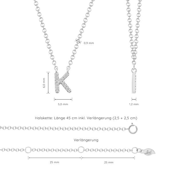 Leaf Jewelry Halskette Letter "K", 14 K Weißgold Mit Diamanten