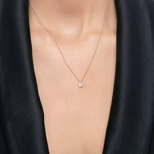 Leaf Jewelry Halskette Letter "M", 14 K Rosegold Mit Diamanten