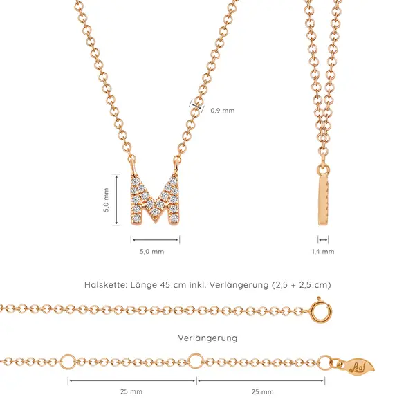 Leaf Jewelry Halskette Letter "M", 14 K Rosegold Mit Diamanten