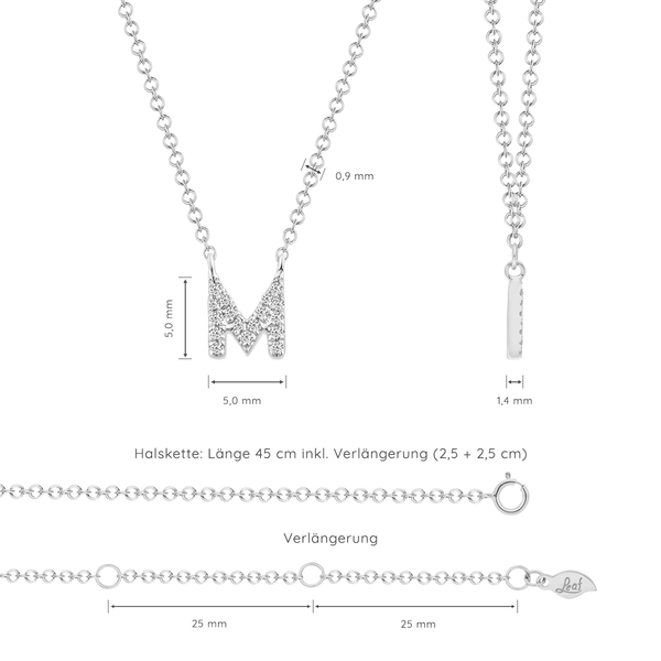 Leaf Jewelry Halskette Letter "M", 14 K Weißgold Mit Diamanten