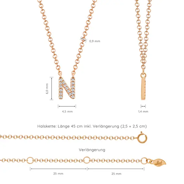 Leaf Jewelry Halskette Letter "N", 14 K Rosegold Mit Diamanten