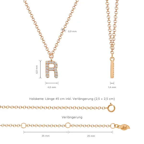 Leaf Jewelry Halskette Letter "R", 14 K Rosegold Mit Diamanten