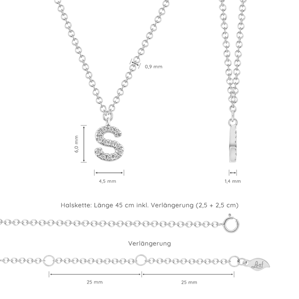 Leaf Jewelry Halskette Letter "S", 14 K Weißgold Mit Diamanten