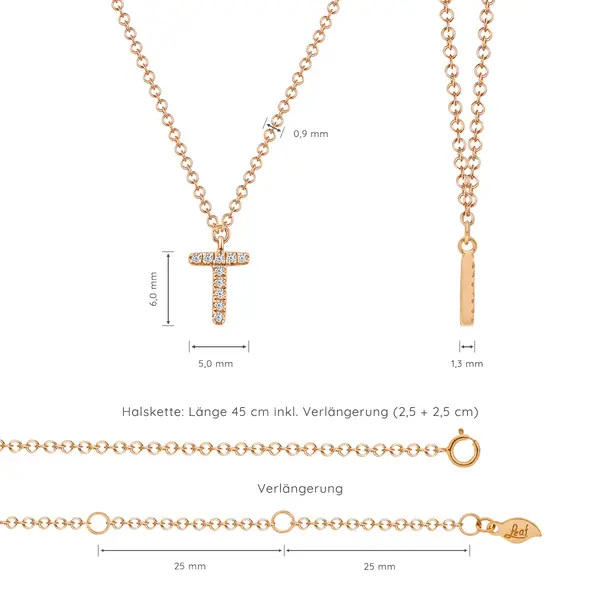 Leaf Jewelry Halskette Letter "T", 14 K Rosegold Mit Diamanten