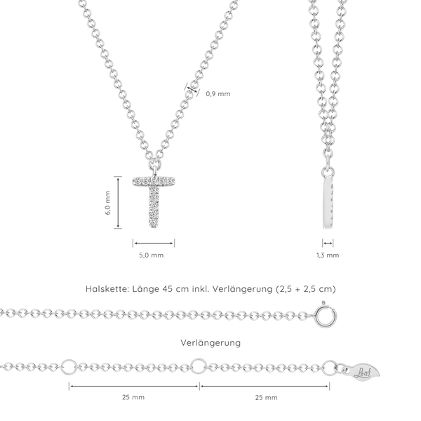 Leaf Jewelry Halskette Letter "T", 14 K Weißgold Mit Diamanten