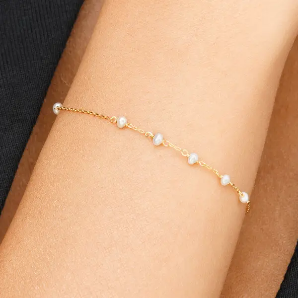 Leaf Jewelry Armkette White Pearls, 14 K Gelbgold