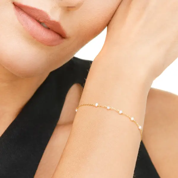 Leaf Jewelry Armkette White Pearls, 14 K Gelbgold