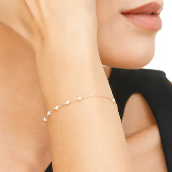 Leaf Jewelry Armkette White Pearls, 14 K Rosegold