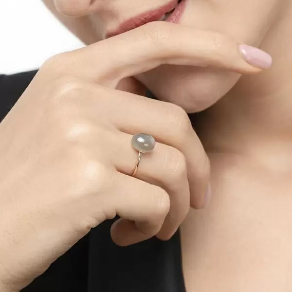 Leaf Jewelry Ring Cabochon II, 14 K Rosegold, Grauer Mondstein