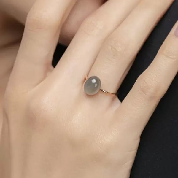 Leaf Jewelry Ring Cabochon II, 14 K Rosegold, Grauer Mondstein