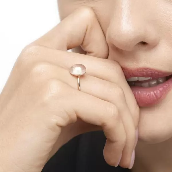 Leaf Jewelry Ring Cabochon II, 14 K Rosegold, Rosenquarz