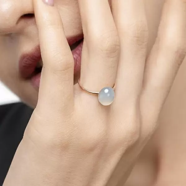 Leaf Jewelry Ring Cabochon II, 14 K Rosegold, Sea Blue Chalzedon