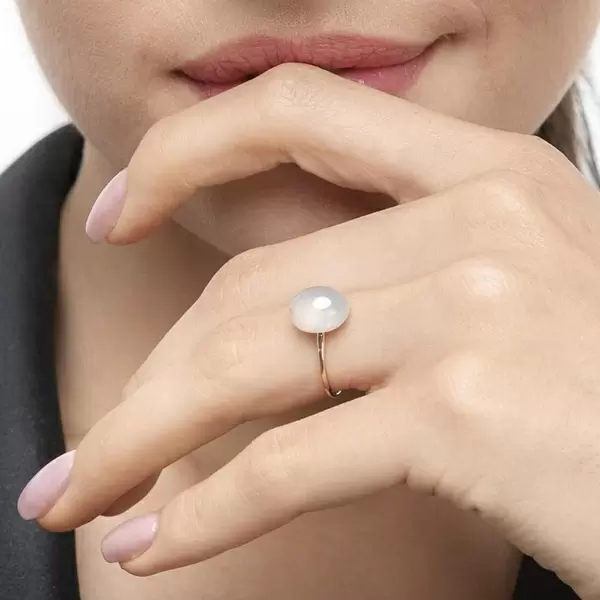 Leaf Jewelry Ring Cabochon II, 14 K Rosegold, Sea Blue Chalzedon