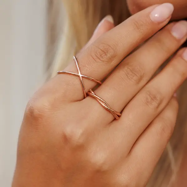 Leaf Jewelry Ring X Cross, 18 K Rosegold Vergoldet, Größe 54