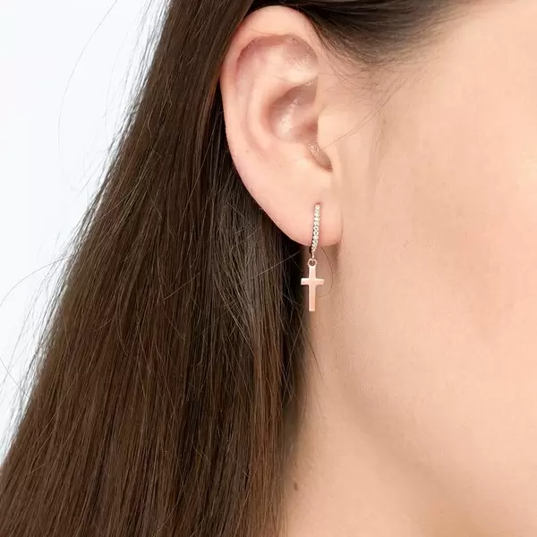 Leaf Jewelry Single Creole CROSS/Zirkonia, 18 K Rosegold Vergoldet