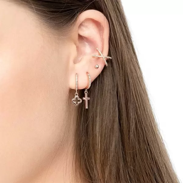 Leaf Jewelry Single Creole CROSS/Zirkonia, 18 K Rosegold Vergoldet