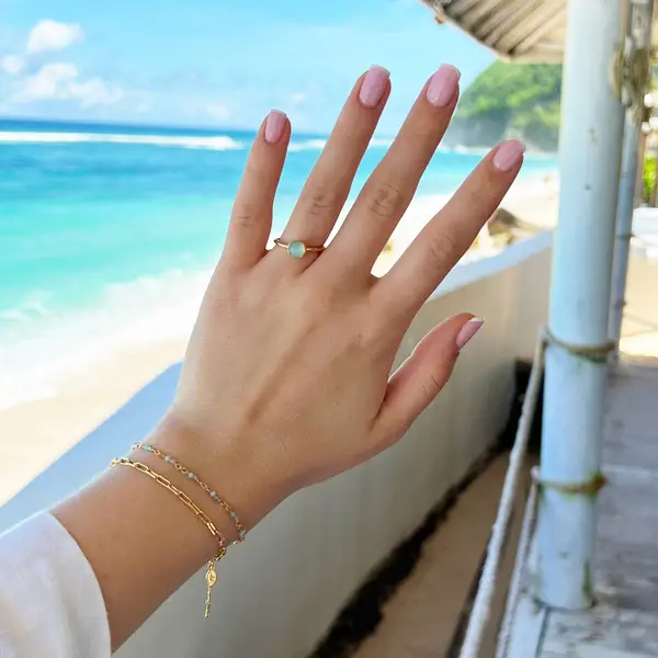 Leaf Jewelry Stacking Ring, Aqua Chalzedon, 6mm, 18 K Gelbgold Vergoldet, Gr.50