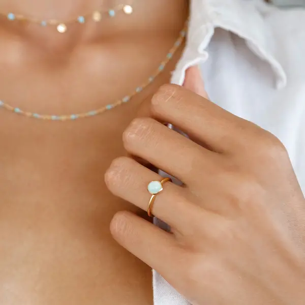 Leaf Jewelry Stacking Ring, Aqua Chalzedon, 6mm, 18 K Rosegold Vergoldet, Gr.52