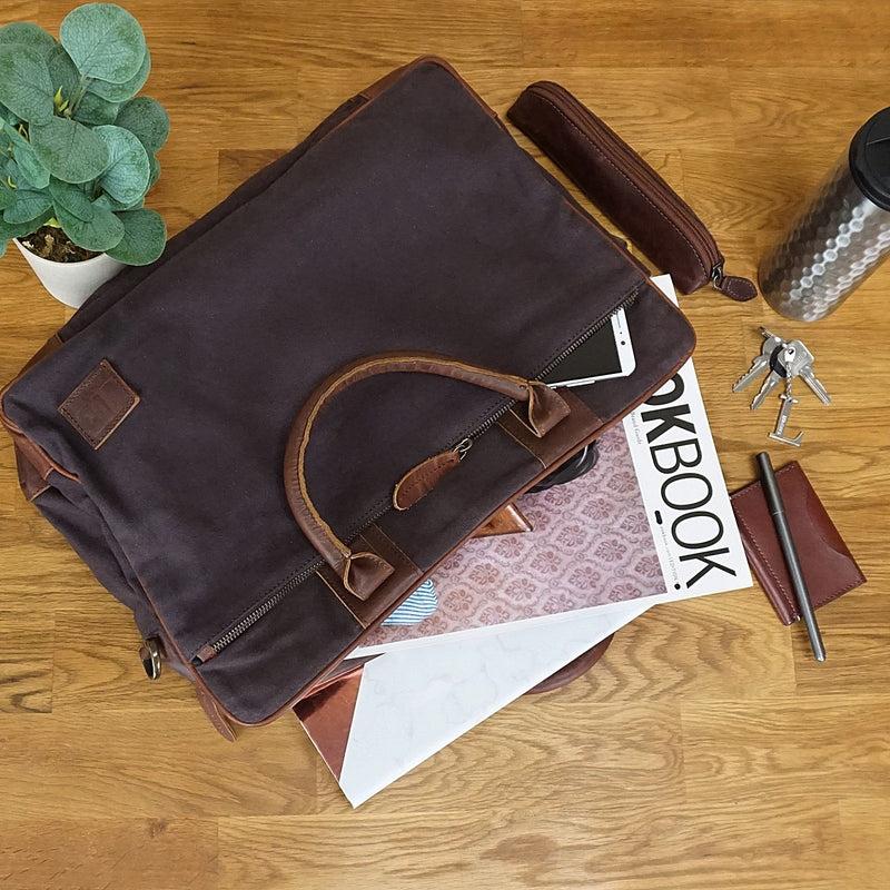 Leconi Aktentasche Arbeitstasche Bürotasche Canvas Leder Mokka LE3066